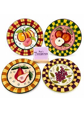 90's CBK,LTD Fruit Motif Checkered Rim Hand-Painted Ceramic Dinner Plates Set 4